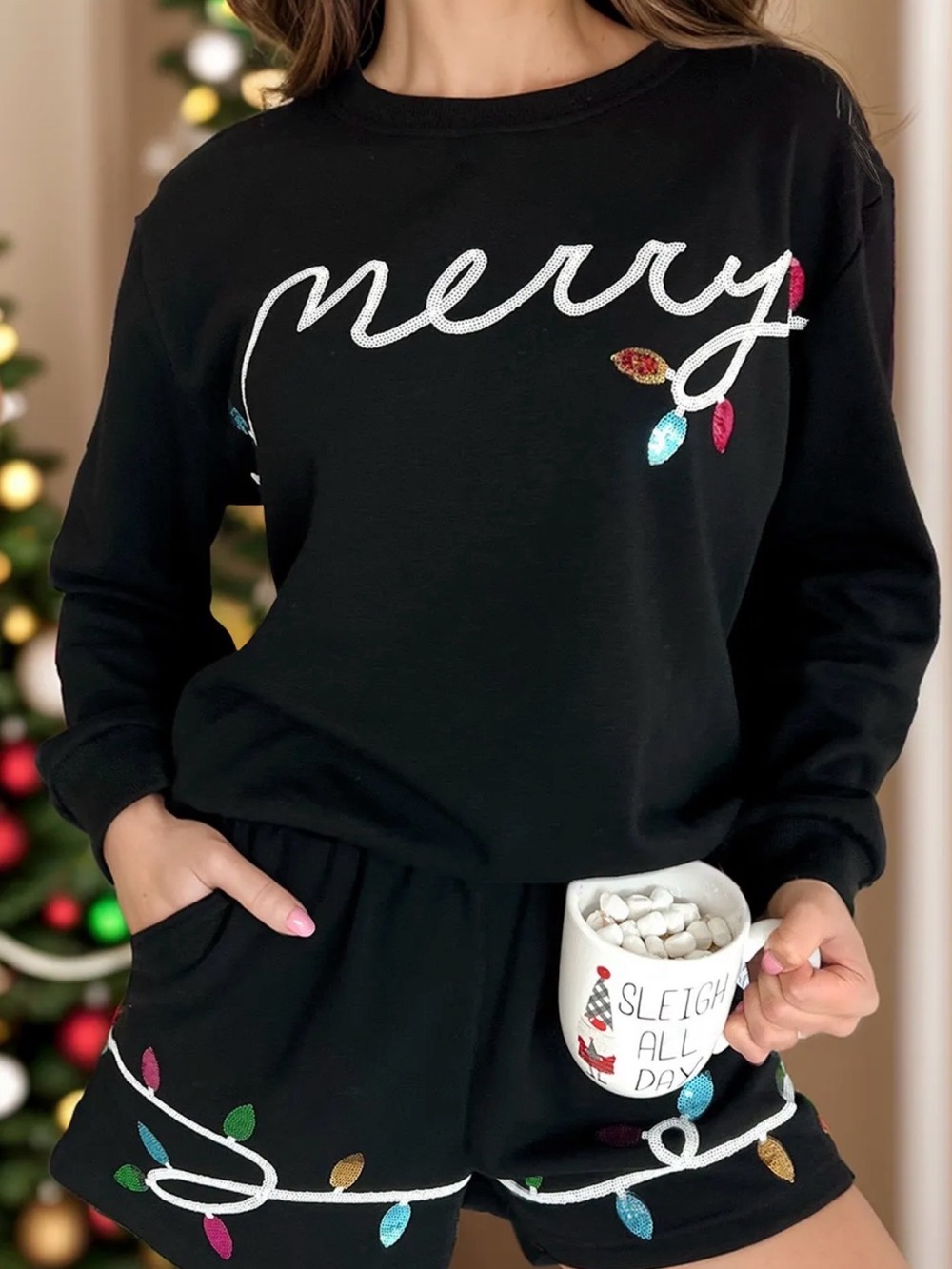 MERRY Sequin Round Neck Long Sleeve Top and Shorts Set